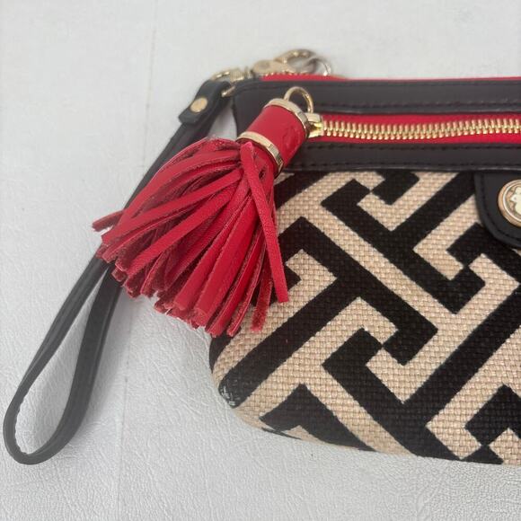 Spartina Wristlet Clutch with Tassel Beige Black Red Geometric Leather Linen Zip - Picture 2 of 12